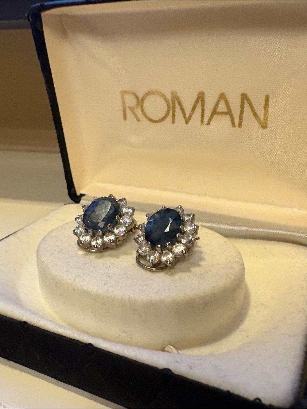 Deep Blue Sapphire Halo Stud Earrings with Clear Accents